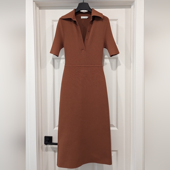NWOT Brown Scanlan Theodore Crepe-Knit Polo Midi Dress Size Small - Picture 2 of 7